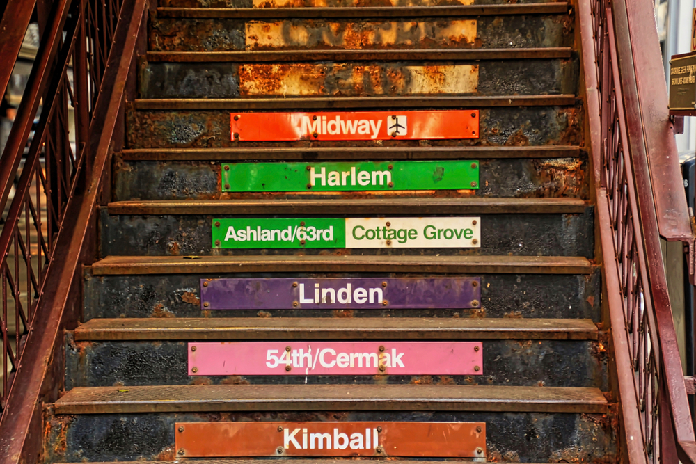 Stairs with colorful signs indicating different lines of Chicago's elevated "El" train at station located on the corner of Adams & Wabash Streets