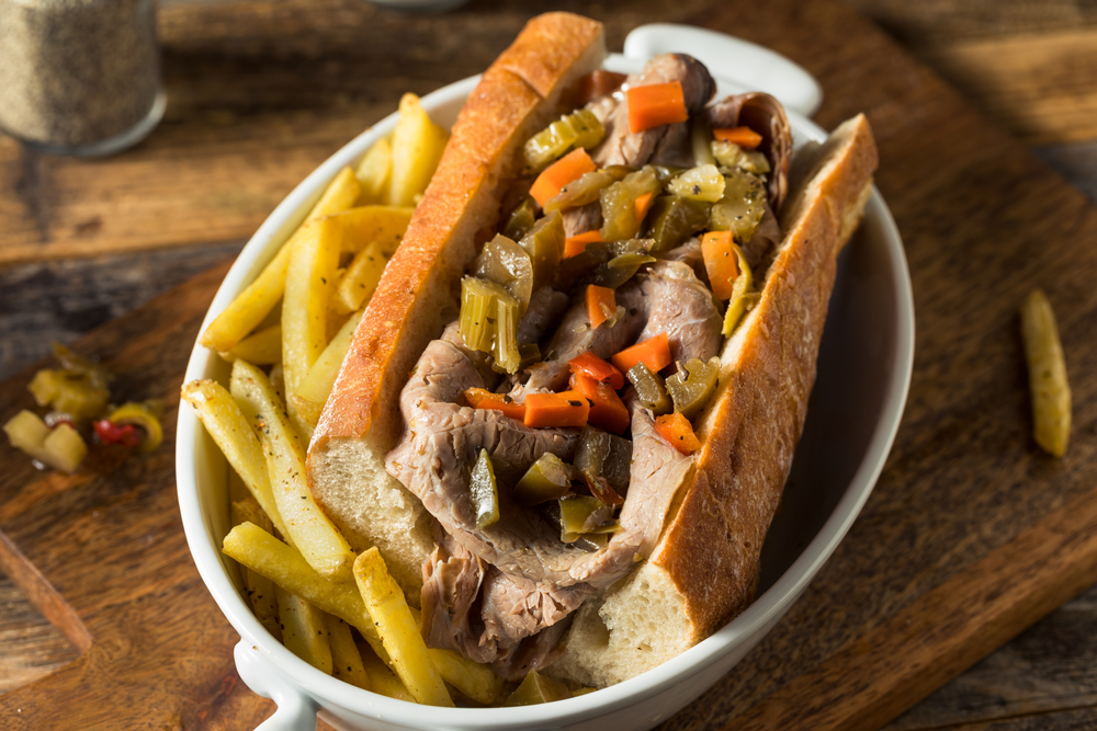 An Italian Beef with French friends in an oval-shaped dish.
