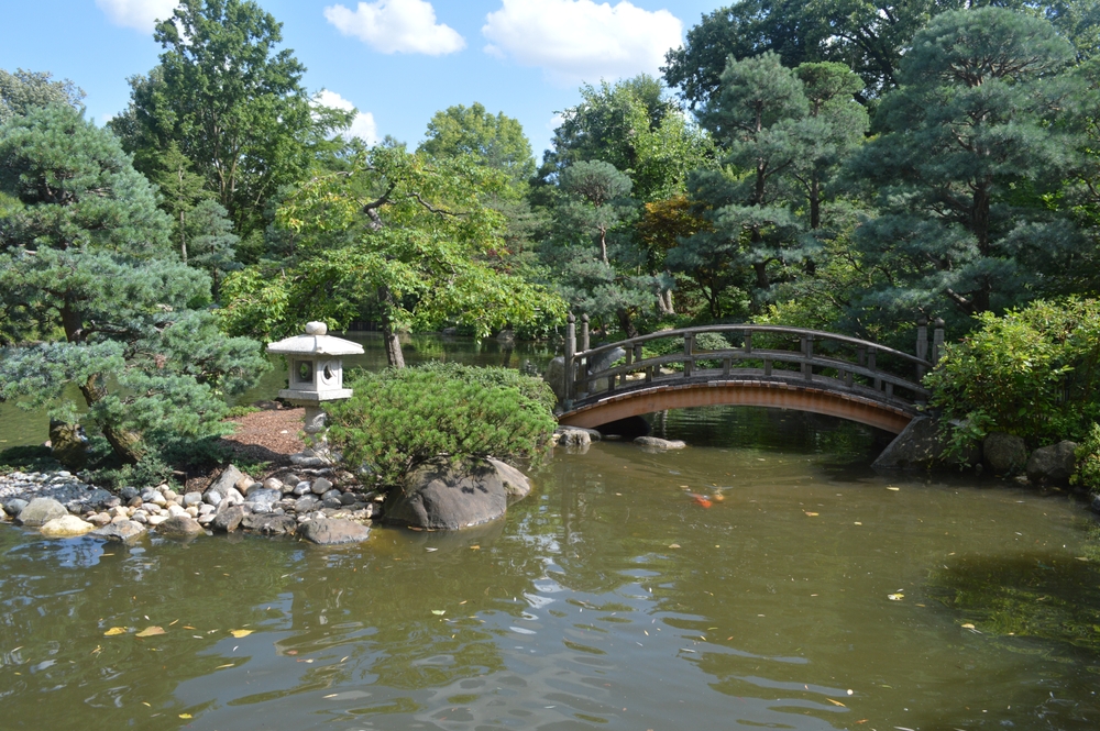 Bridge, Pagoda, Pine Trees and Pond at Anderson Japanese Gardens in Rockford,IL