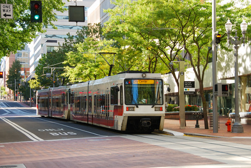 A streetcar in downtown Portland, Oregon