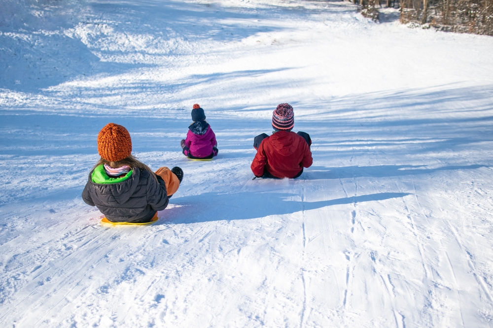Three happy children on a hill with plastic sleds.