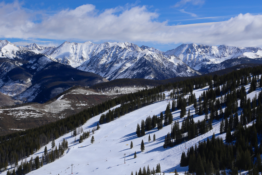 Vail ski run with view of the Gore Range of the Colorado Rocky Mountains in Winter