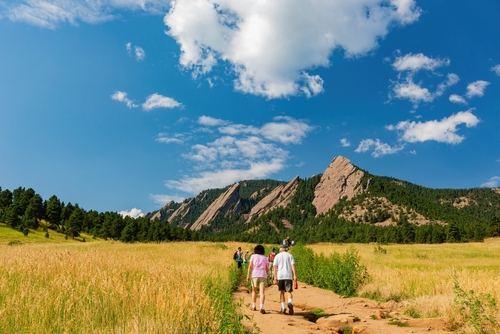 People hiking through a meadow with rocky peaks in the background.