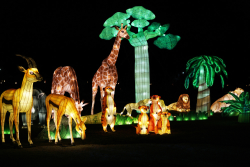 Chinese lantern festival featuring animals and trees.