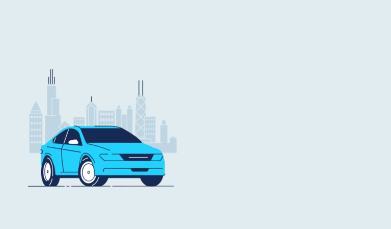 Graphic of a car in front of a city skyline