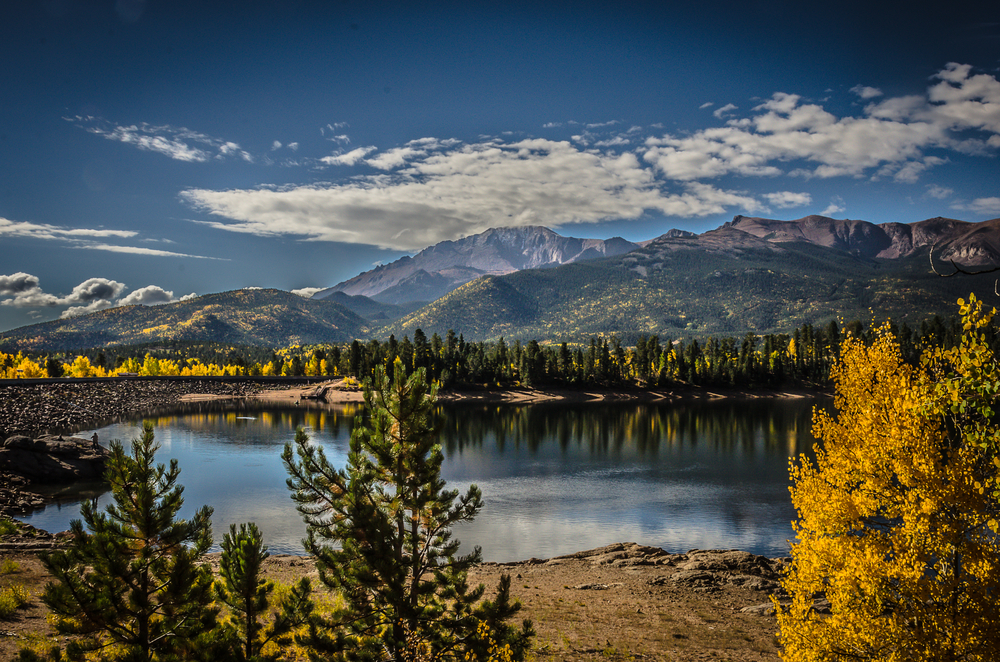 Lake in the fall with Pike's Peak in the background