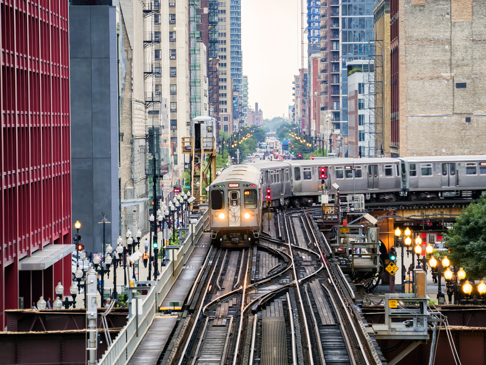 Train on elevated tracks within buildings at the Loop, Chicago.