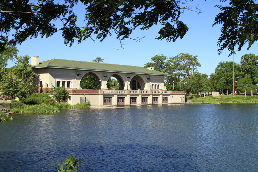 Beautiful Humboldt Park Boathouse and pond in Chicago
