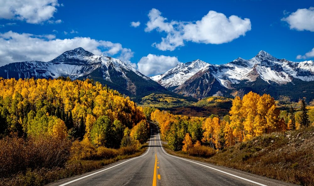 Stunning scenic fall drive along Colorado 145 near Telluride Colorado on a sunny afternoon with yellow Aspen trees near peak fall colors, and 2 lane highway in the foreground
