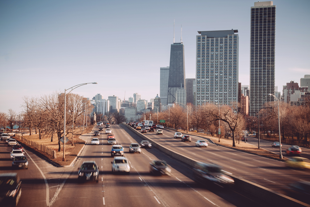 Cars drive along Lake Shore Drive in Chicago